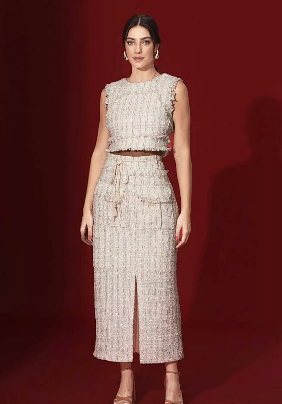 Saia midi em tweed