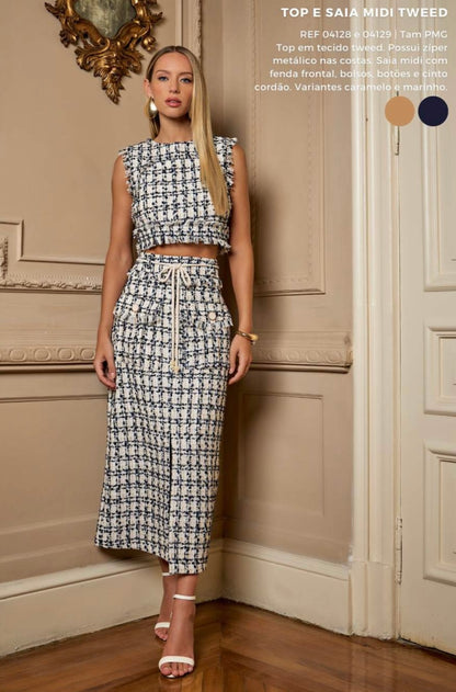 Saia midi em tweed