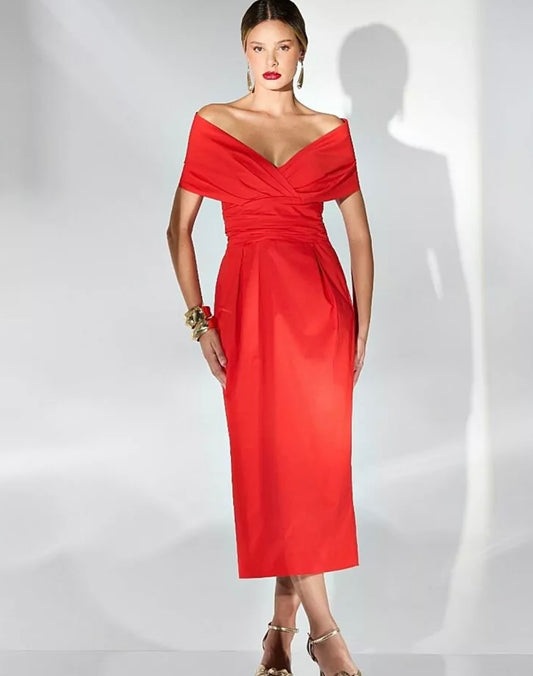 Vestido tricoline ombro a ombro